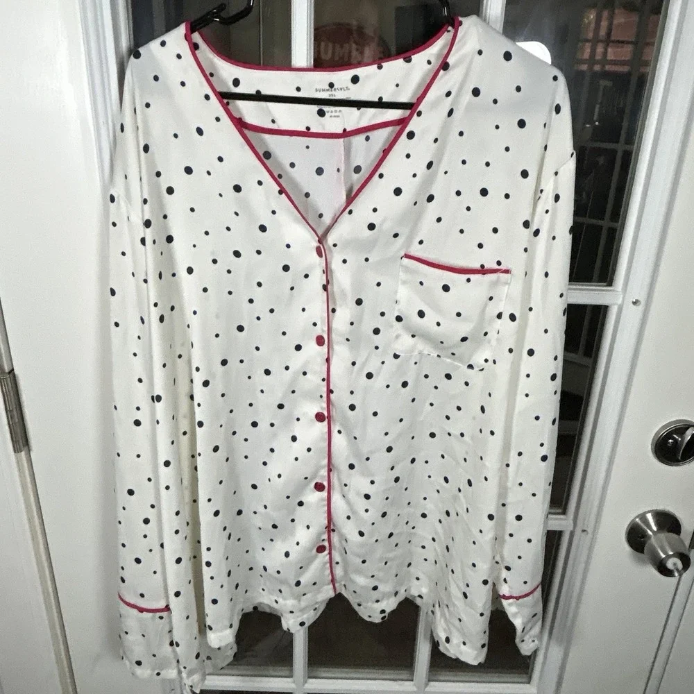 Summersalt‎ Polka Dot Satin Pajama Set White Navy Pink Piping 2XL Loungewear